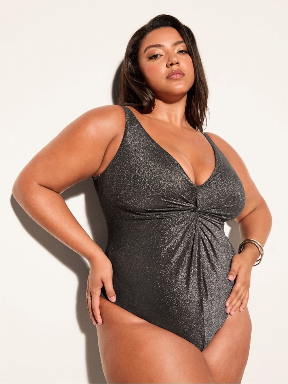 NWT Yitty Shaping Swim Luxe Waist Synching Twist Plunge One Piece SZ 4X shimmer